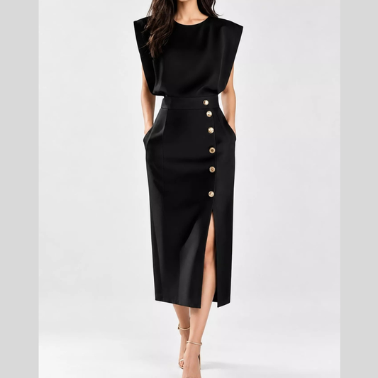 Sleeveless Midi Dress with Gold Button Detail and Side Slit