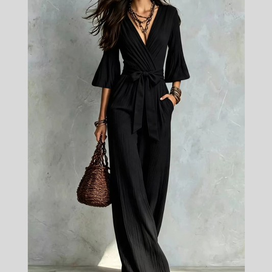 Pleated Wide-Leg Jumpsuit with Tie-Waist