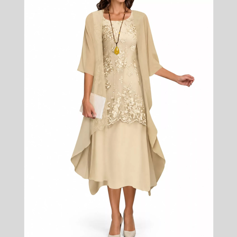 Plus Size Elegant Lace Overlay Dress and Matching Chiffon Cardigan Set