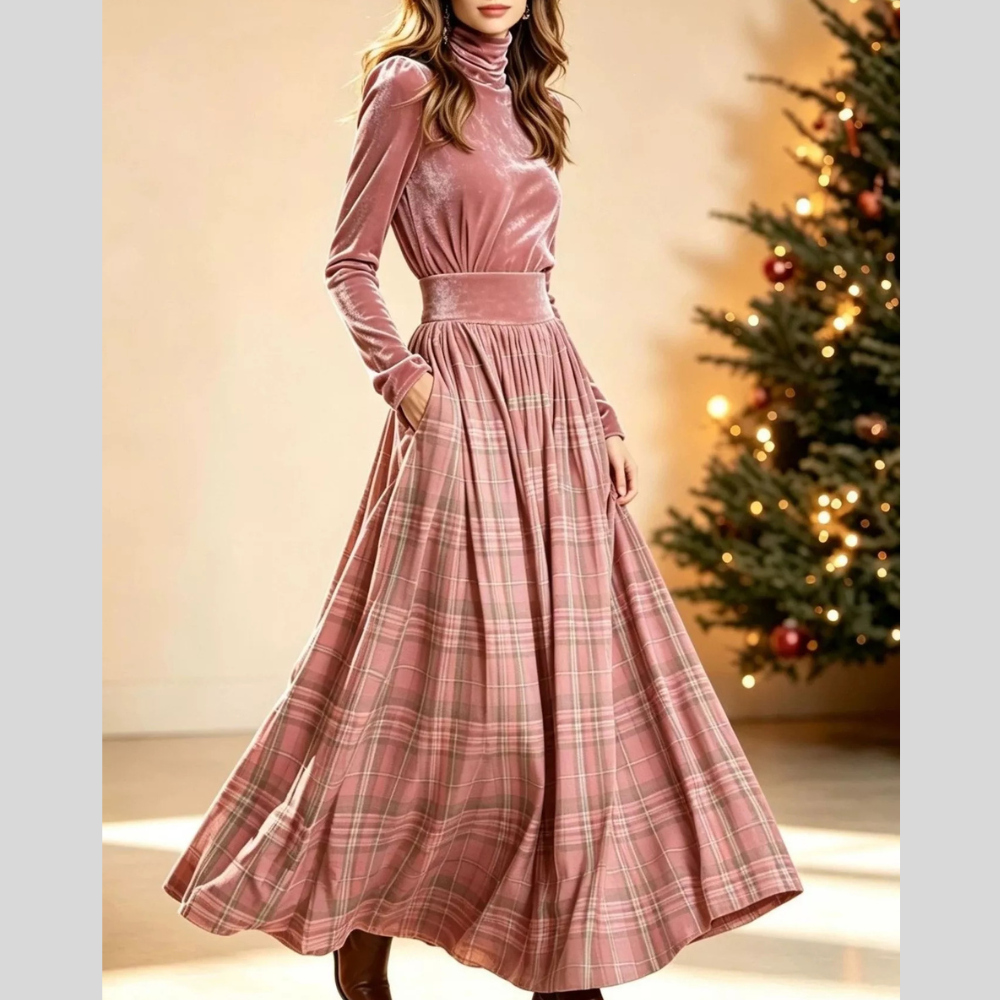 Velvet Turtleneck Top and Plaid Maxi Skirt Two-Piece Set