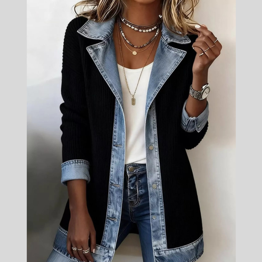 Full Size Denim Trim Ribbed Knit Cardigan Plus Size