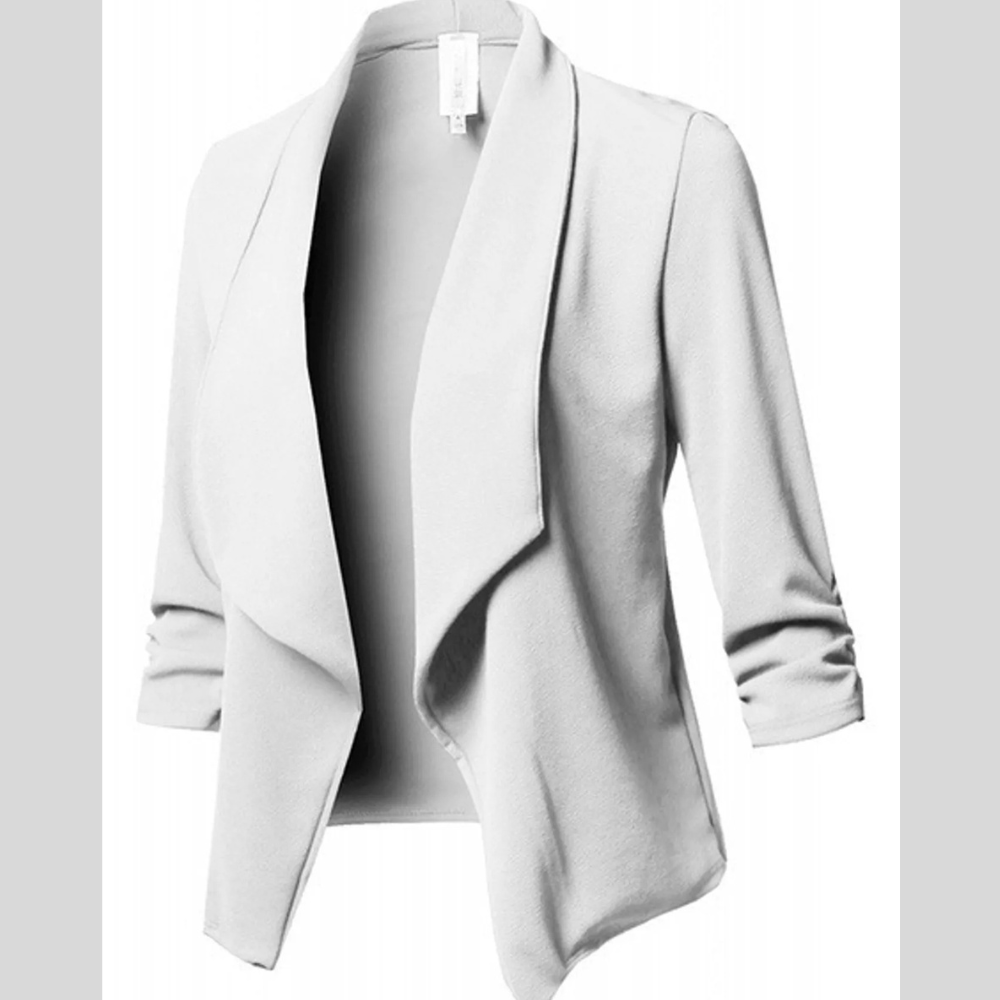 Full Size Open Front Drape Blazer with 3/4 Ruched Sleeves Plus Size