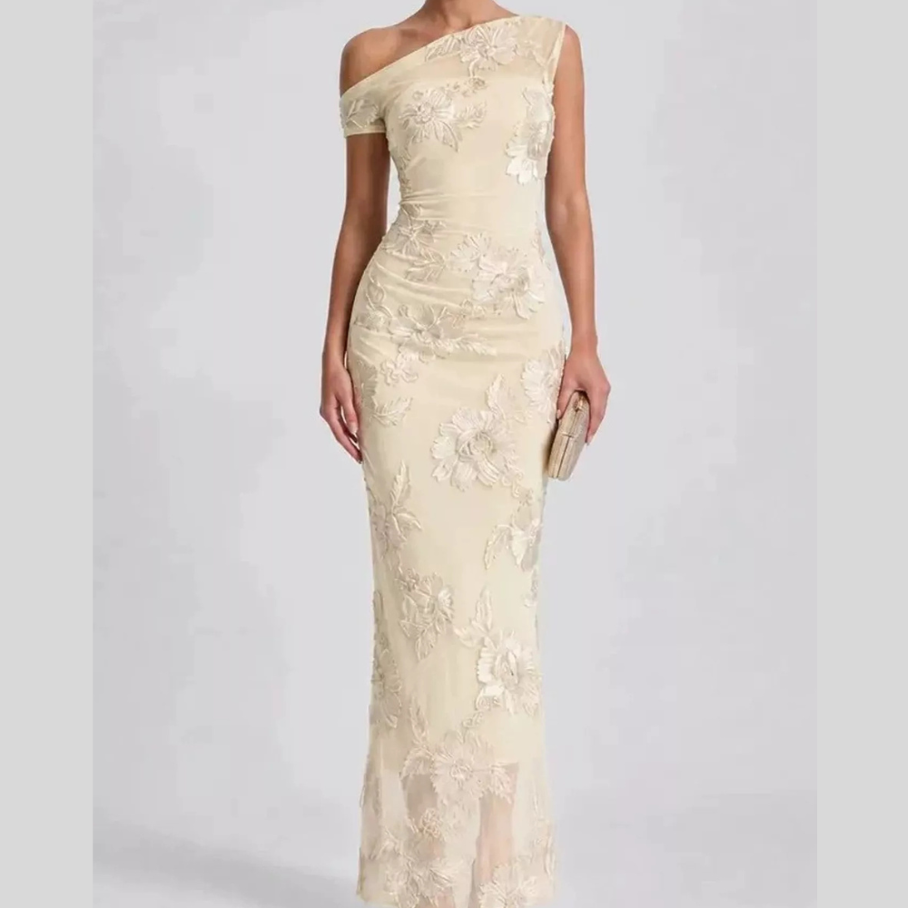 One-Shoulder Floral Embroidered Maxi Dress