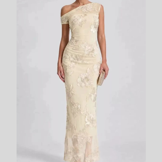 One-Shoulder Floral Embroidered Maxi Dress