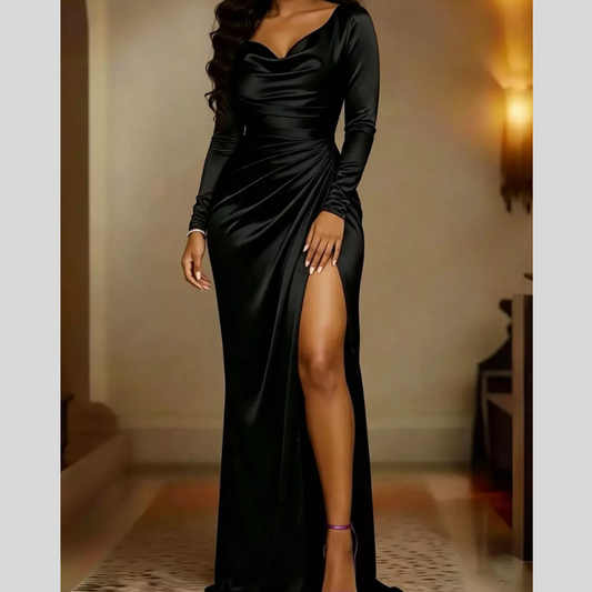 Full Size Satin Cowl Neck High Slit Casual Evening Maxi Dress Plus Size