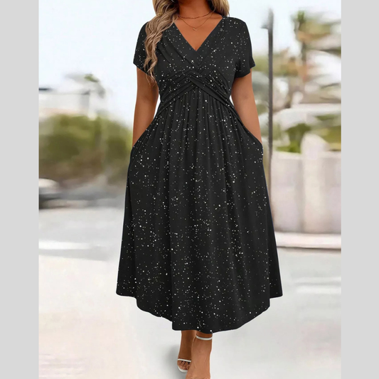 Full Size Twisted Front Short Sleeve Midi Dress with Pockets Plus Size