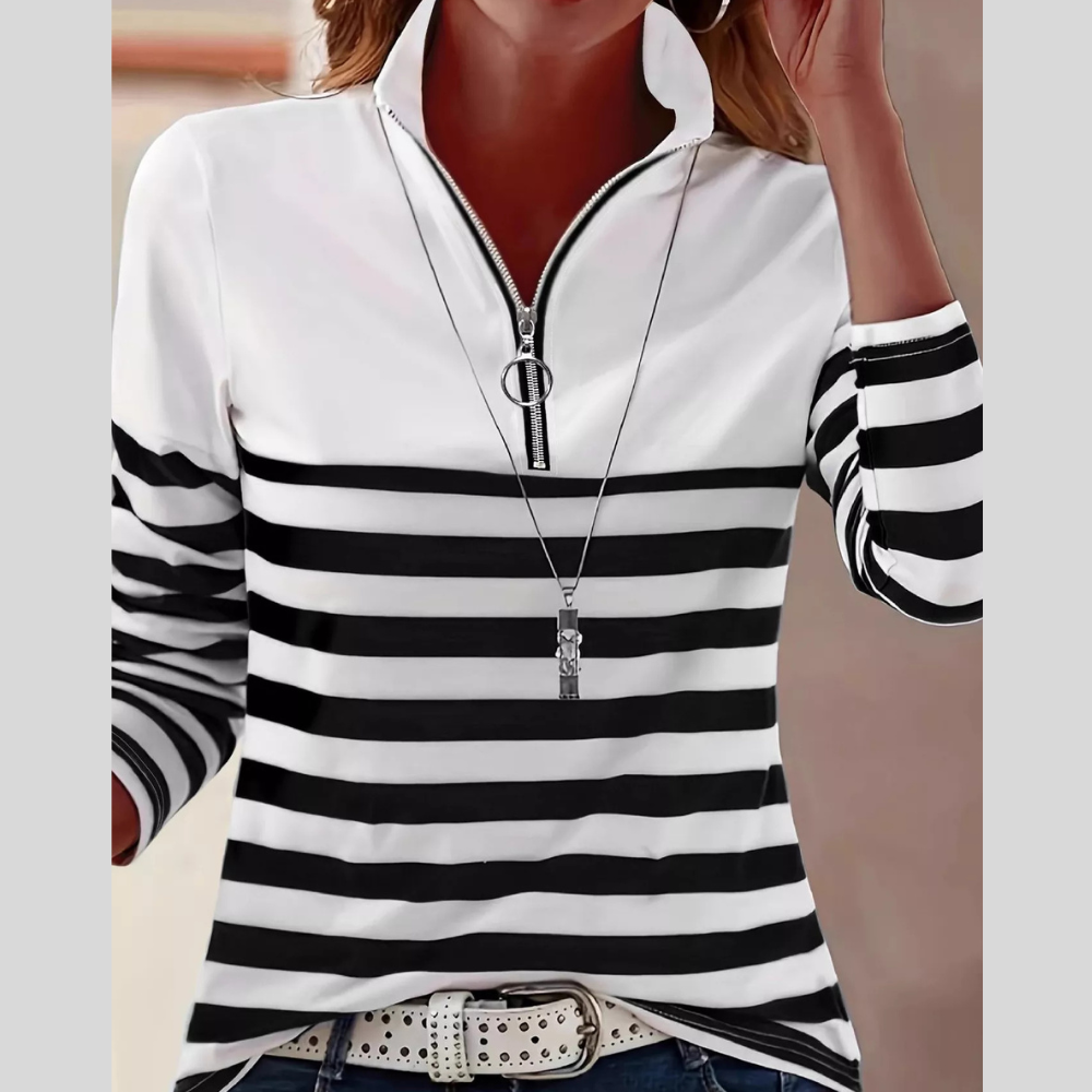 Quarter-Zip Striped Long Sleeve T-Shirt
