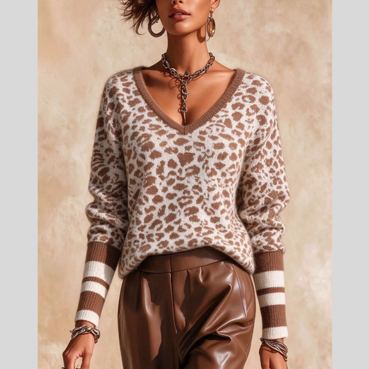 Full Size Leopard V-Neck Sweater with Striped Cuffs Plus Size