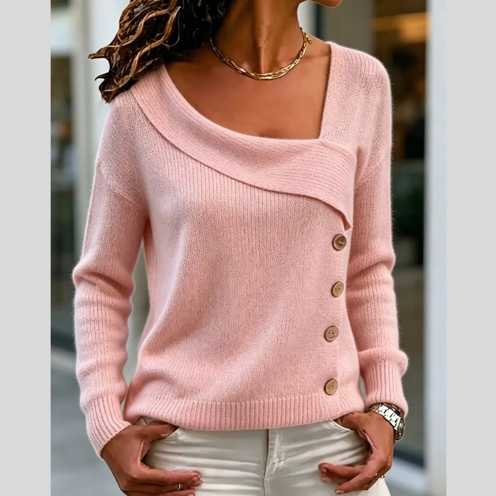 Asymmetric Neckline Button-Decorated Sweater