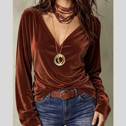 Full Size V-Neck Velvet Long Sleeve T-Shirt Plus Size