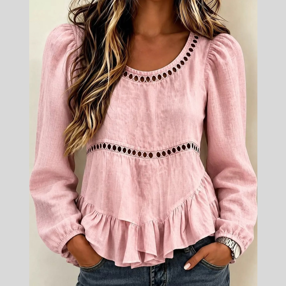 Long Sleeve Blouse with Eyelet Lace Trim and Ruffled Hem