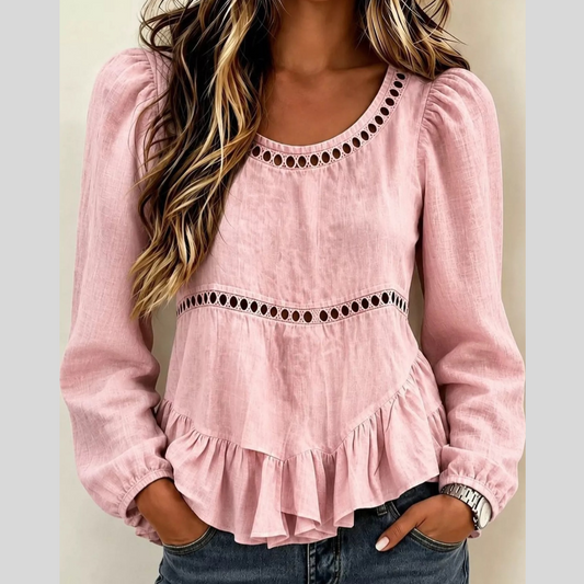 Long Sleeve Blouse with Eyelet Lace Trim and Ruffled Hem