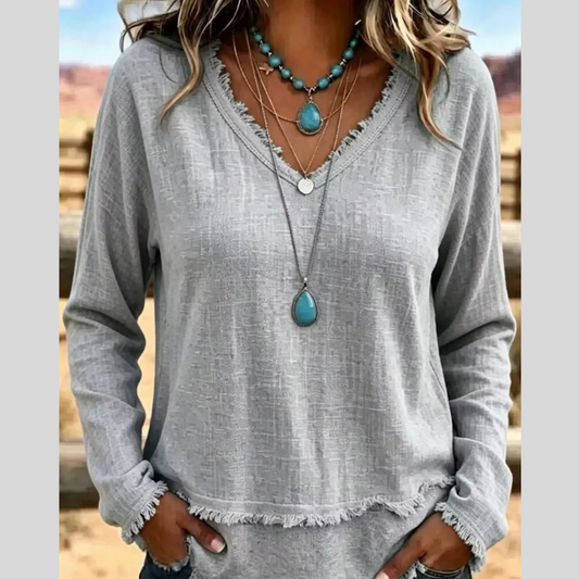 Full Size Frayed Hem V-Neck Long Sleeve Blouse Plus Size