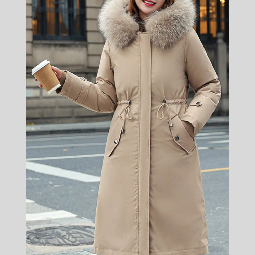 Detachable Longline Hooded Parka with Faux Fur Trim and Drawstring Waist