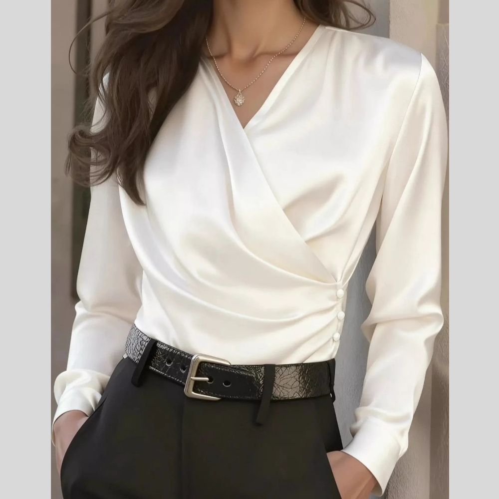 Satin Surplice Casual Long Sleeve Blouse