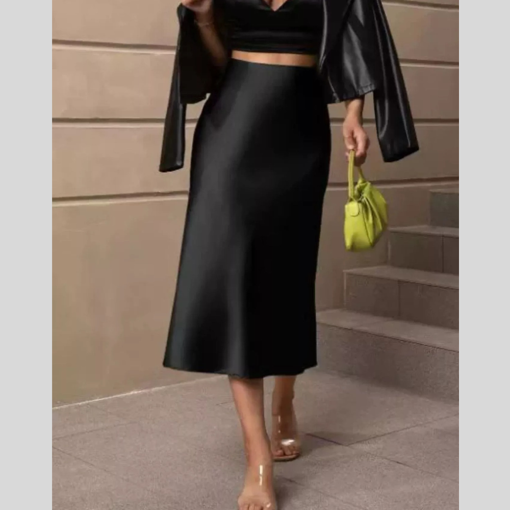 High-Waisted Satin Midi Skirt