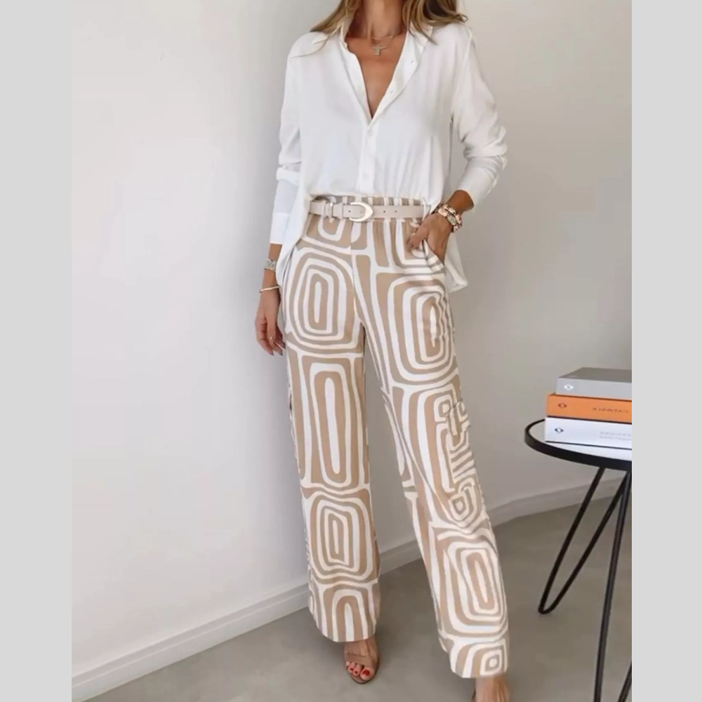 Full Size Chic Button-Down Shirt and Geometric Wide-Leg Pants Set Plus Size