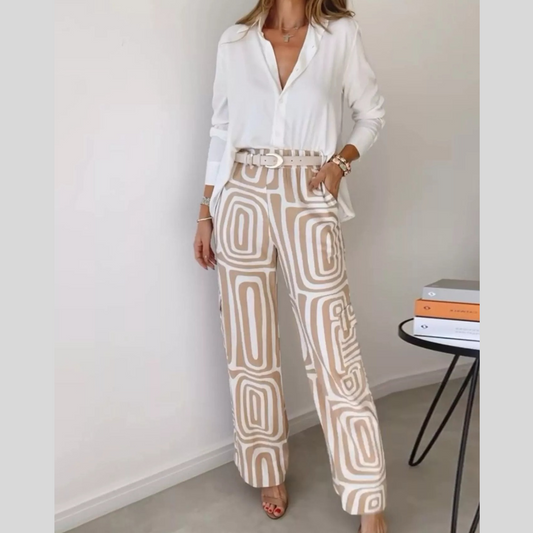 Full Size Chic Button-Down Shirt and Geometric Wide-Leg Pants Set Plus Size