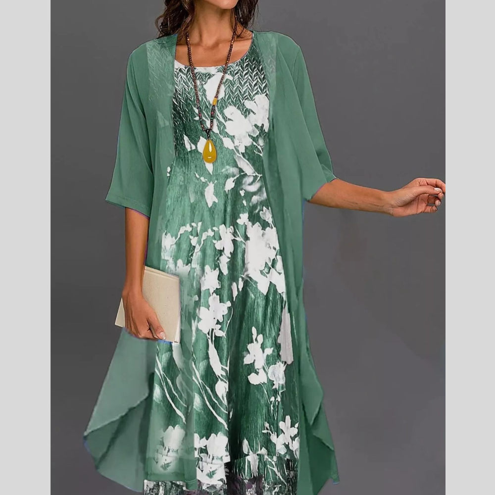 Full Size Floral Print Midi Dress and Chiffon Cardigan Set Plus Size