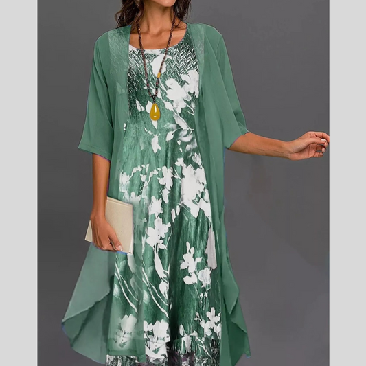 Full Size Floral Print Midi Dress and Chiffon Cardigan Set Plus Size