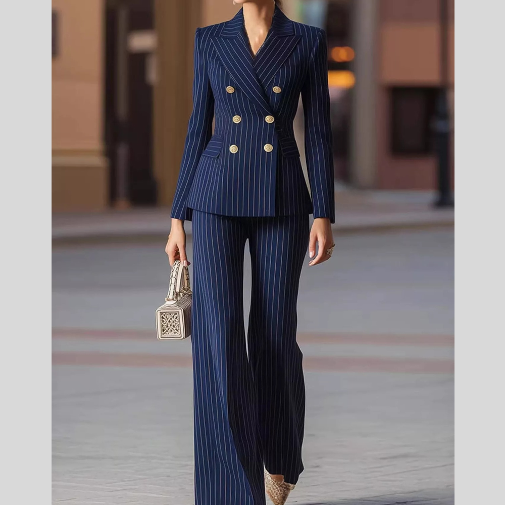 Double-Breasted Pinstripe Blazer and Wide-Leg Pants Set