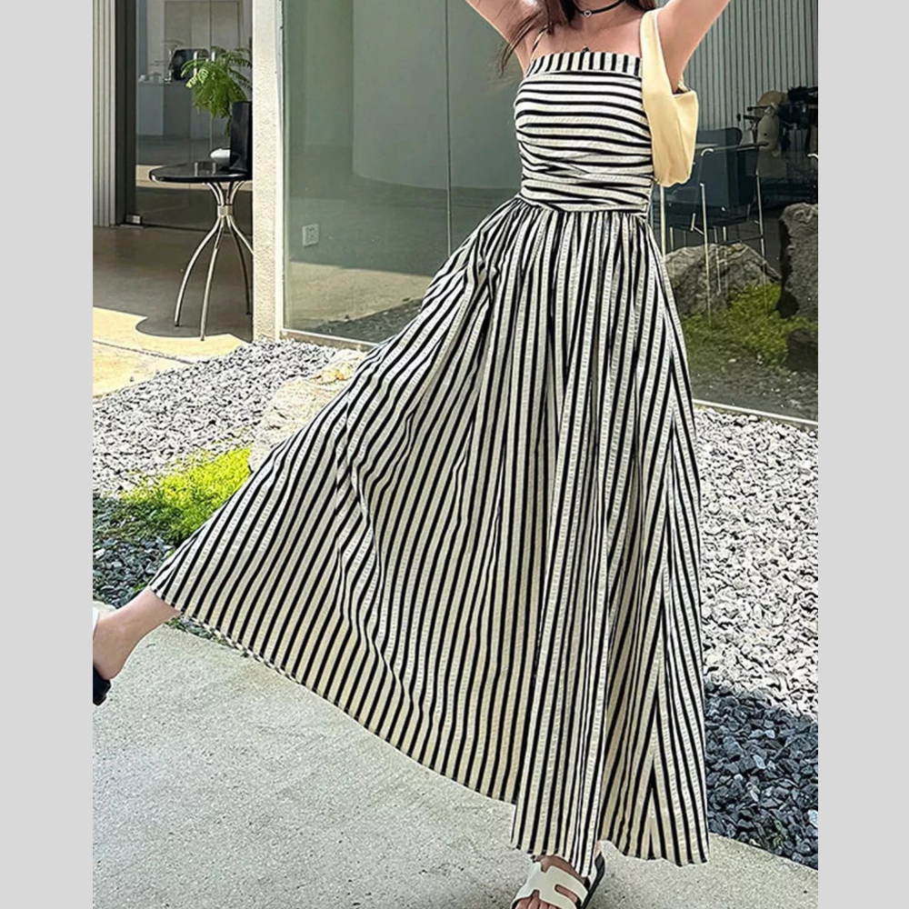 Striped Spaghetti Strap A-Line Maxi Dress