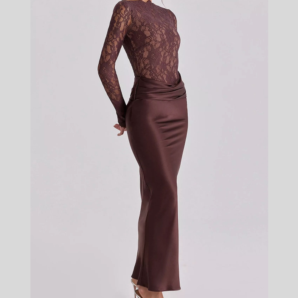 Long-Sleeve Lace and Satin Patchwork Maxi Dress