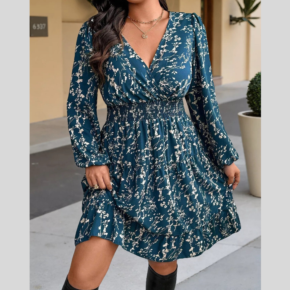 Full Size Floral Print Smocked Waist Long Sleeve Mini Dress Plus Size