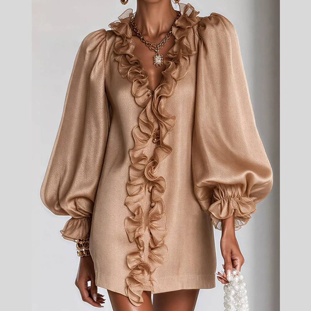 Ruffle Trim Puff Sleeve Mini Dress