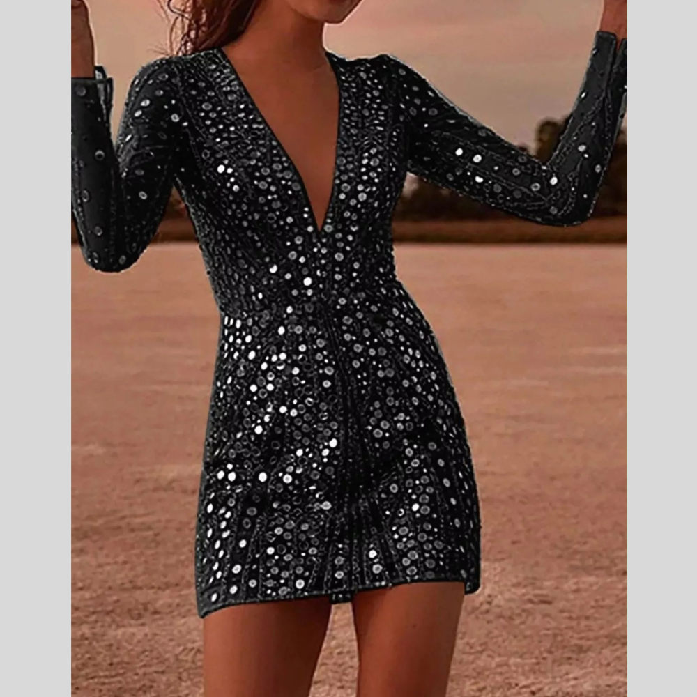 V-Neck Sequin Embellished Long Sleeve Mini Dress