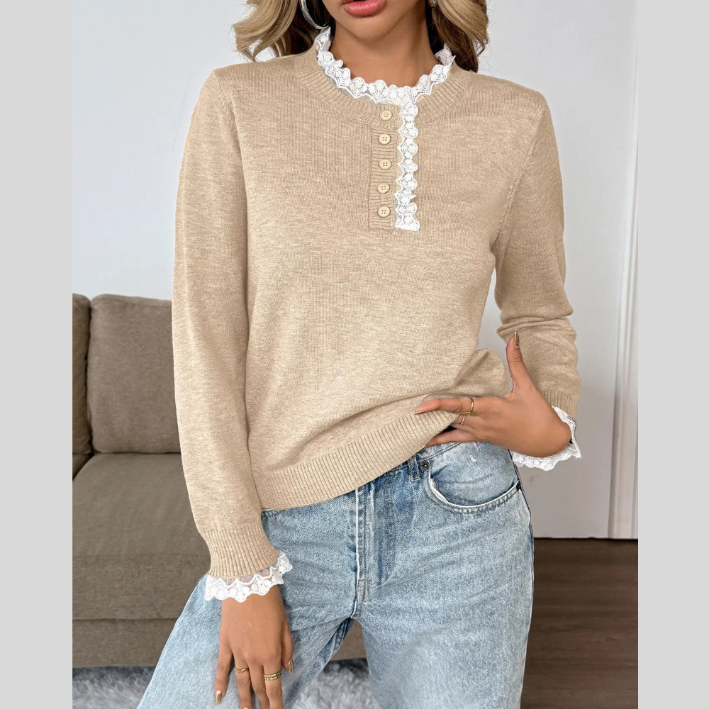 Lace Trim Button Detail Sweater