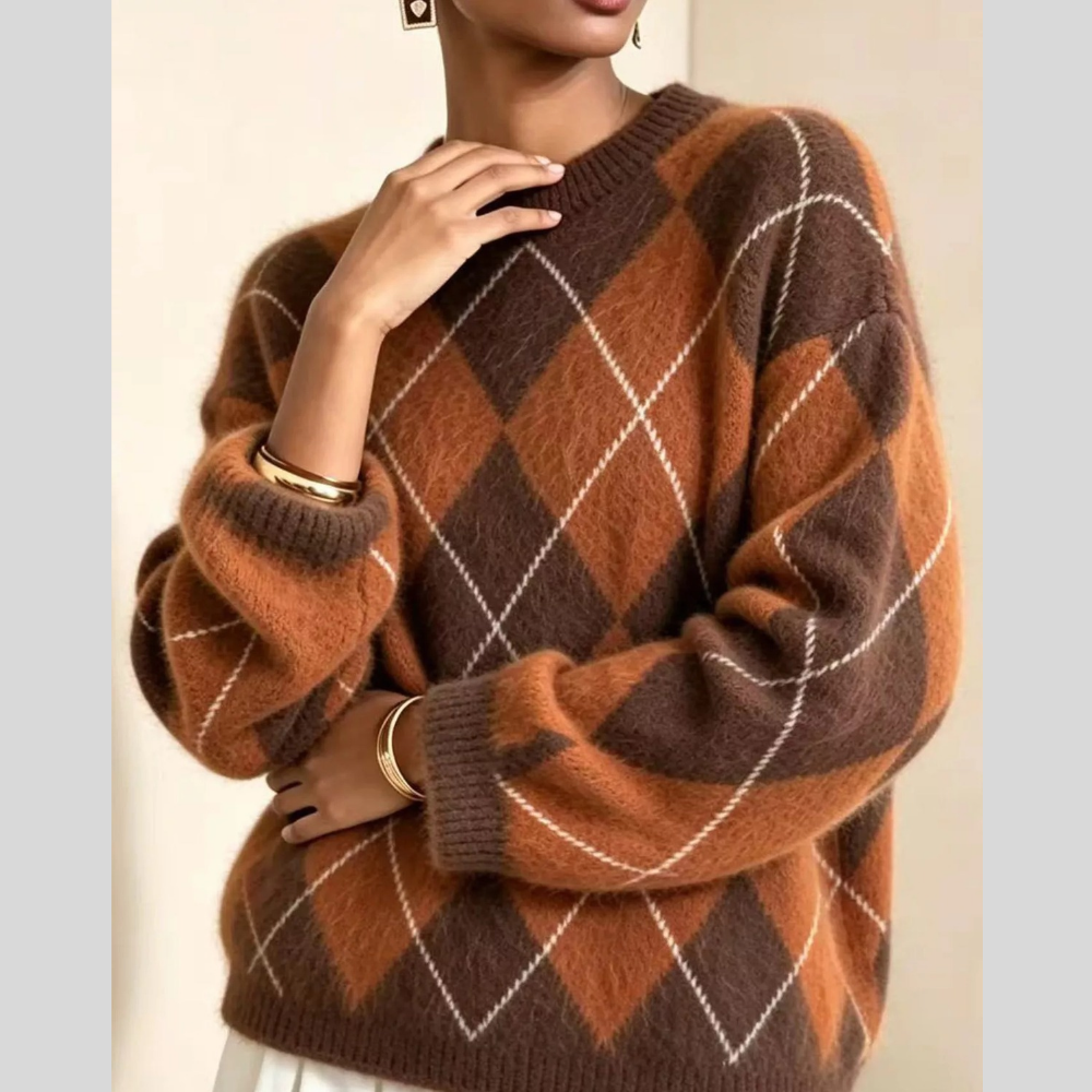 Argyle Pattern Fuzzy Knit Sweater