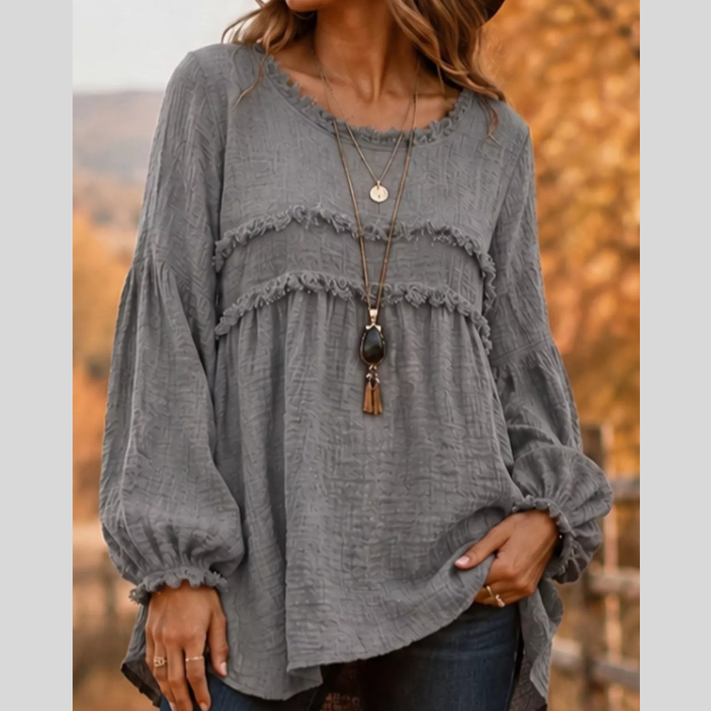 Full Size Boho Chic Textured Frayed Trim Peplum Blouse Plus Size