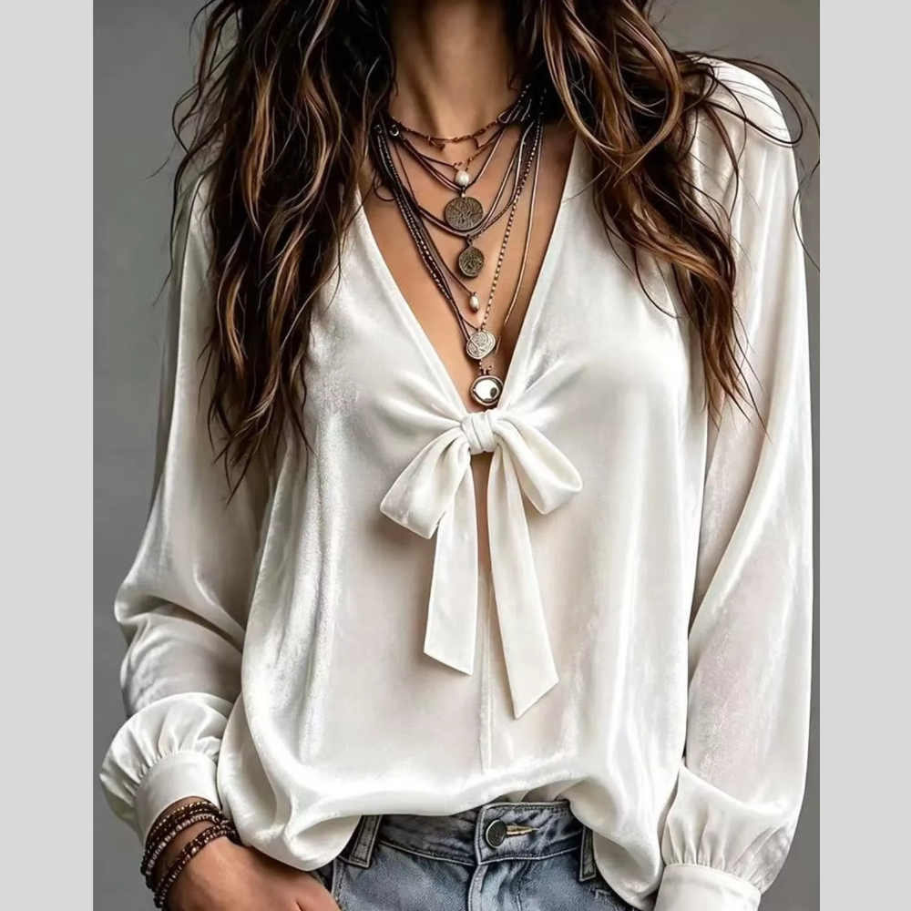 Front Bow Tie Detail V-Neck Top