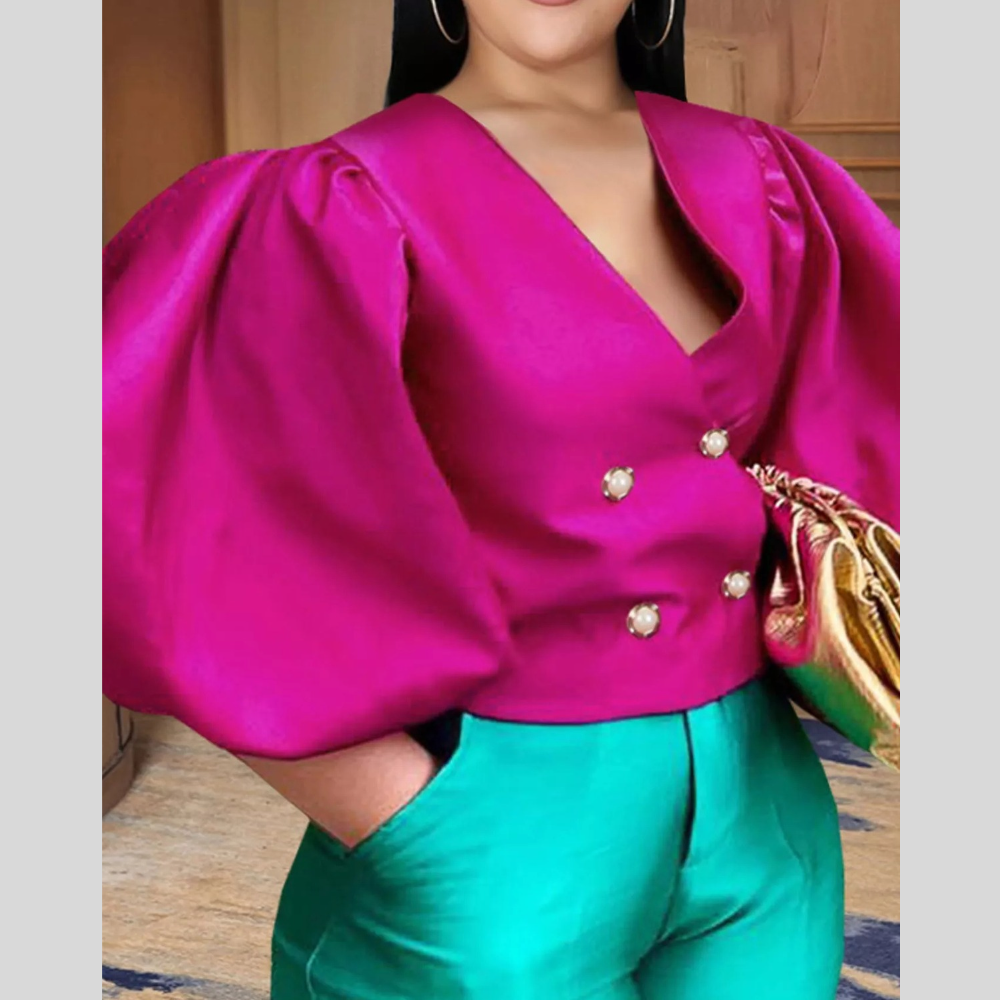Full Size Double-Breasted Puff Sleeve Blouse Plus Size