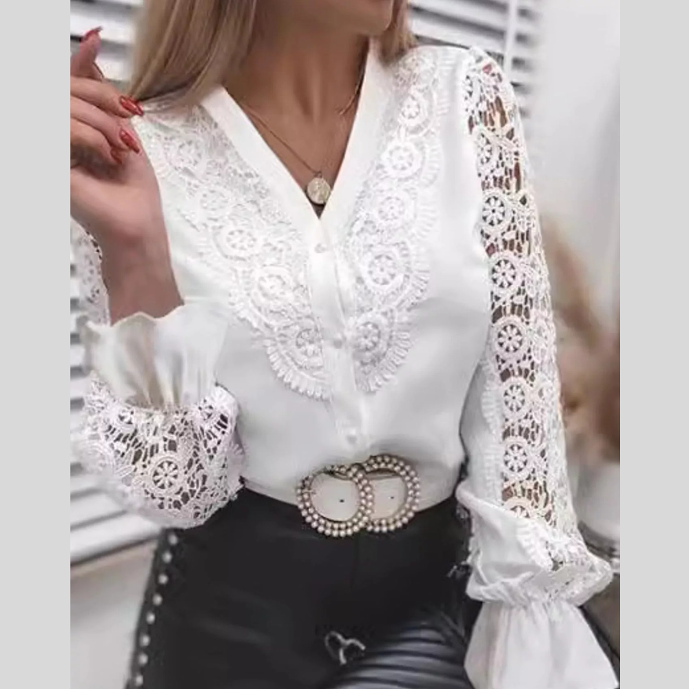 Full Size Lace V-Neck Flounce Sleeve Shirt Plus Size