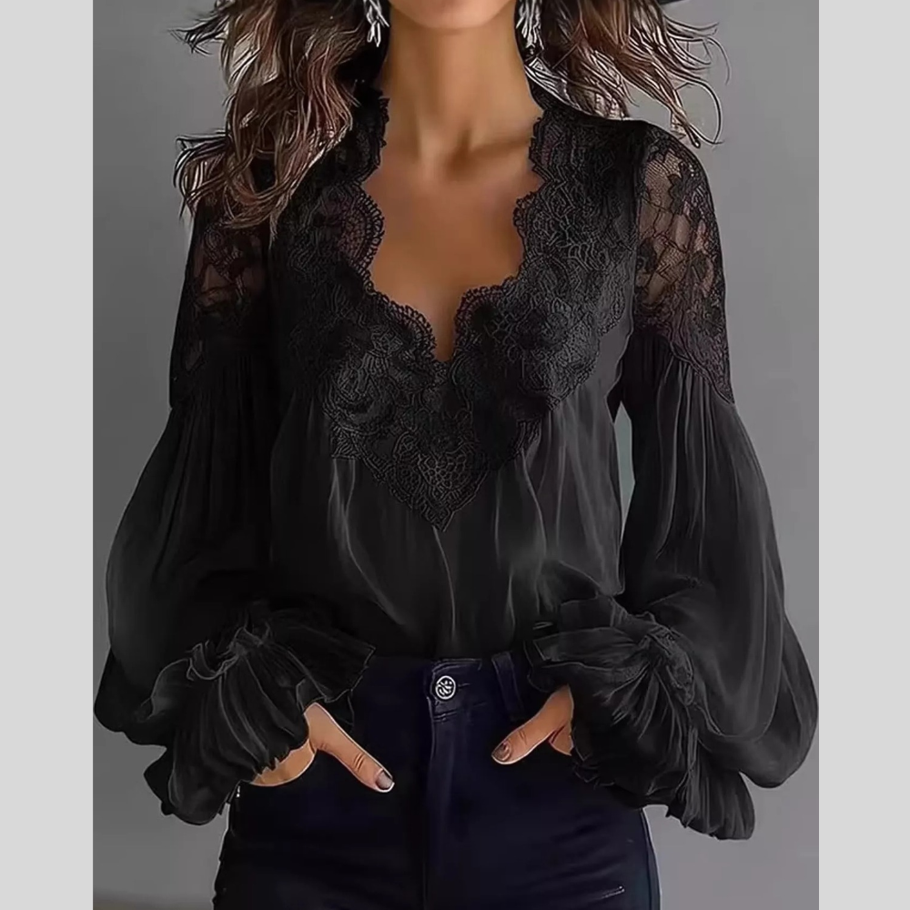 Full Size Lace V-Neck Flounce Sleeve Casual Blouse Plus Size