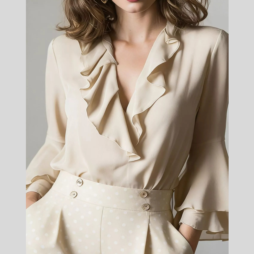 Ruffle-Trim V-Neck Blouse with Bell Sleeves