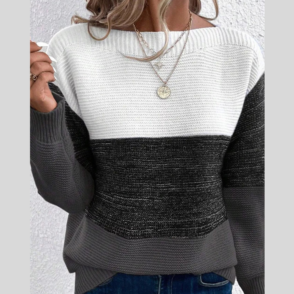 Full Size Color-Block Boat Neck Sweater Plus Size