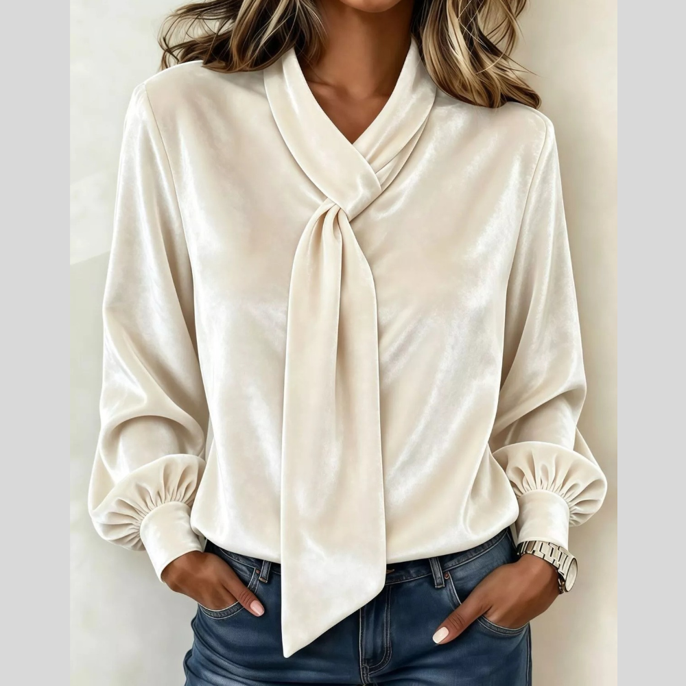 Full Size Velvet Tie-Neck Long Sleeve Top Plus Size