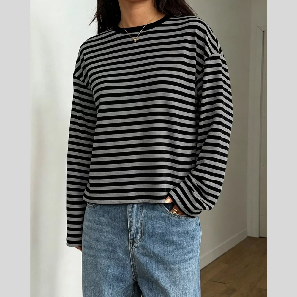 Full Size Casual Long-Sleeve Striped Crew Neck T-Shirt Plus Size
