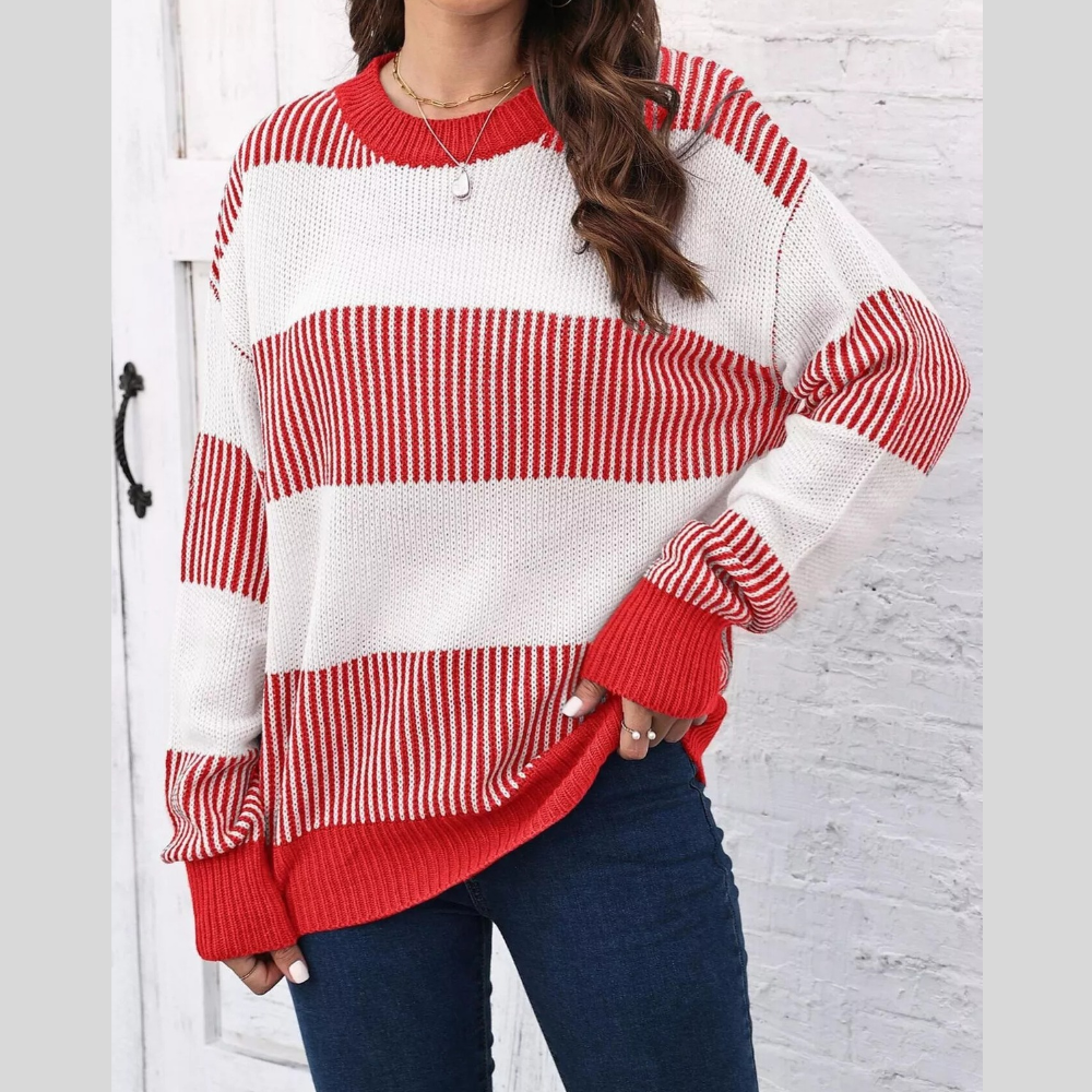 Full Size Striped Color Block Crew Neck Sweater Plus Size