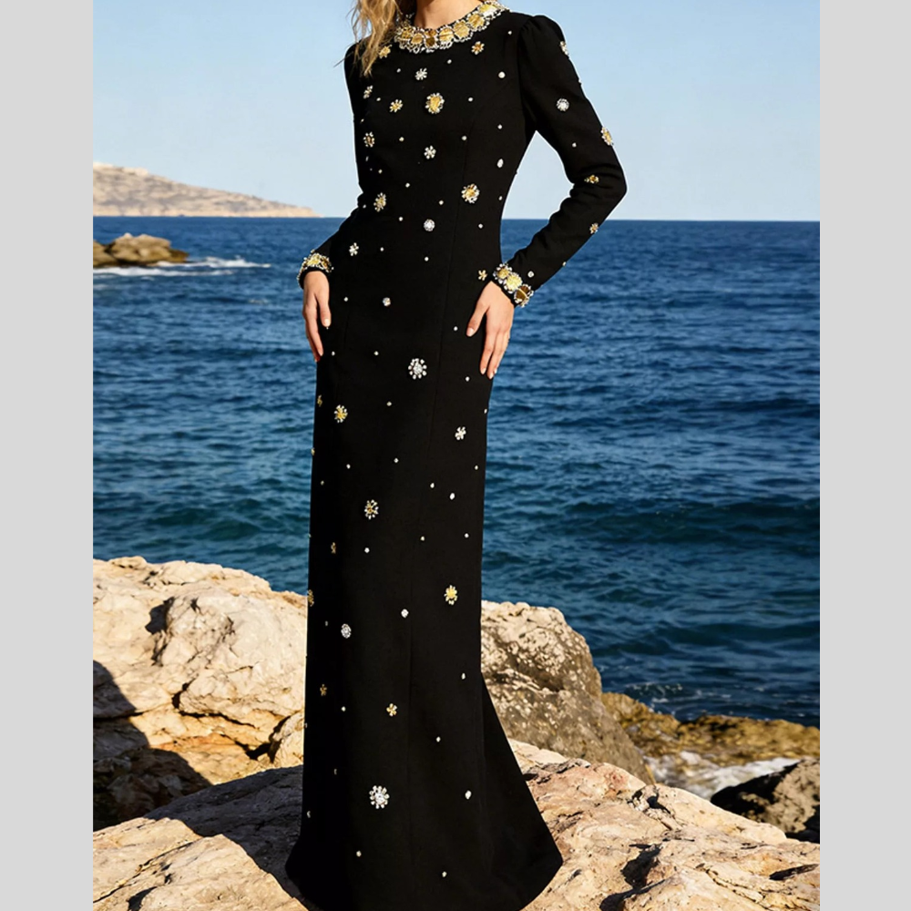 Full Size Rhinestone Long-Sleeve Maxi Evening Dress Plus Size