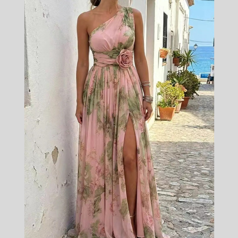 One-Shoulder Floral Chiffon Maxi Dress