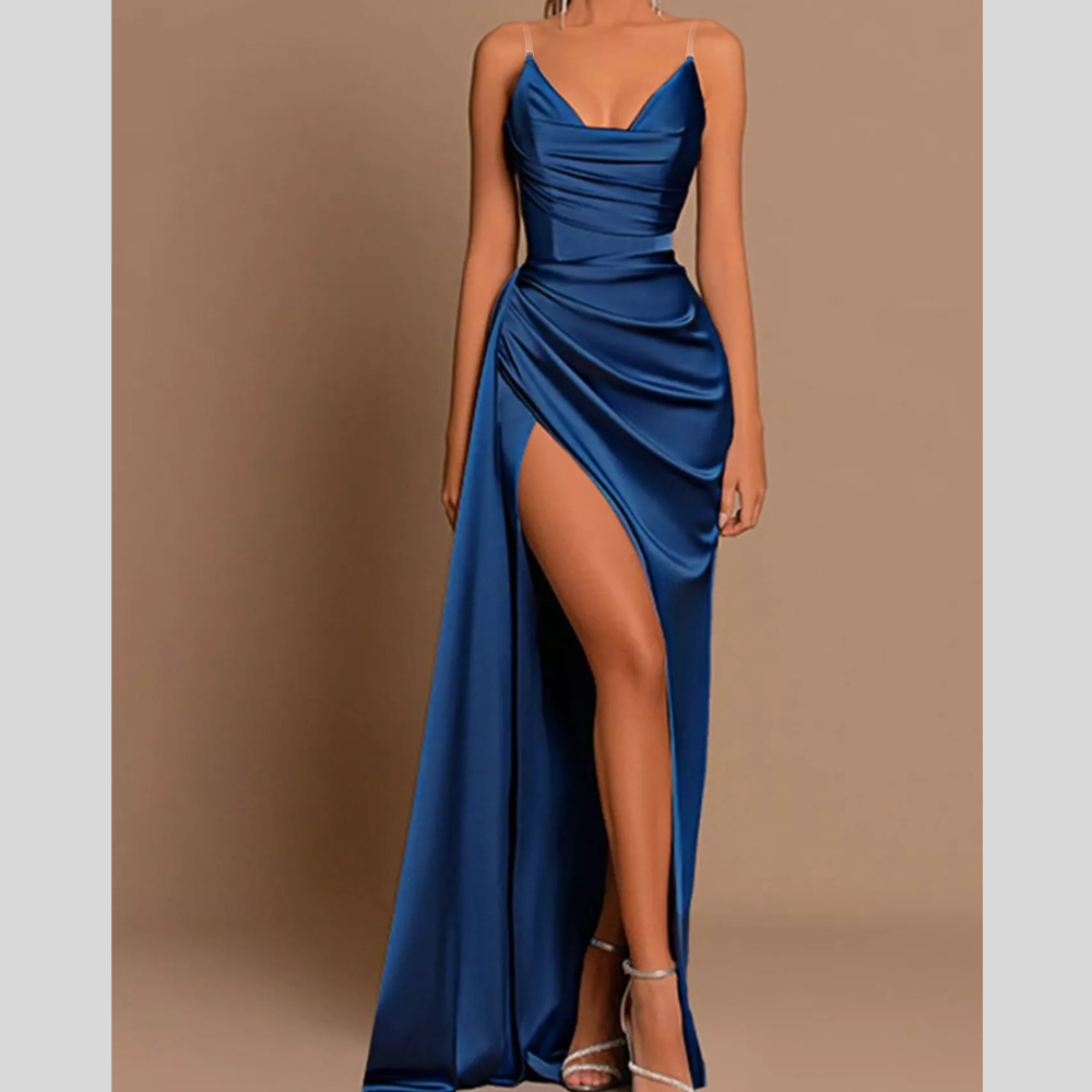 Satin Cowl Neck High Slit Evening Maxi Dress