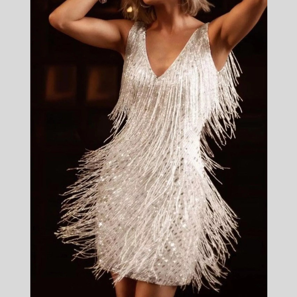 Full Size Fringe Sequin V-Neck Mini Dress Plus Size