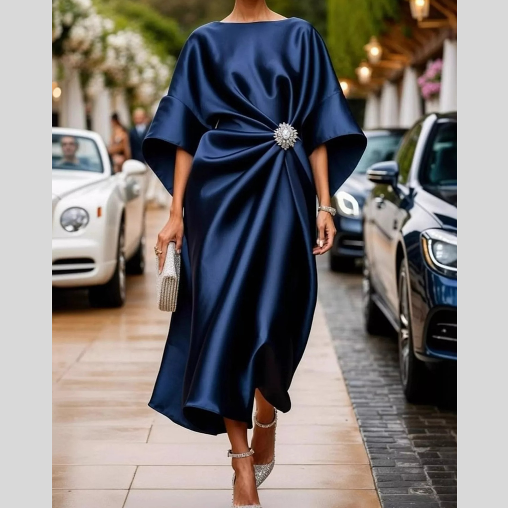 Full Size Satin Draped Evening Dress with Crystal Brooch Plus Size