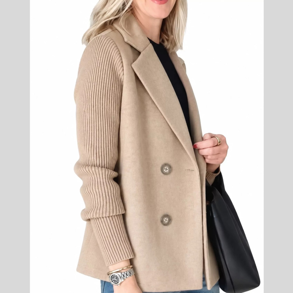 Full Size Double-Breasted Hybrid Blazer with Ribbed Knit Sleeves Plus Size