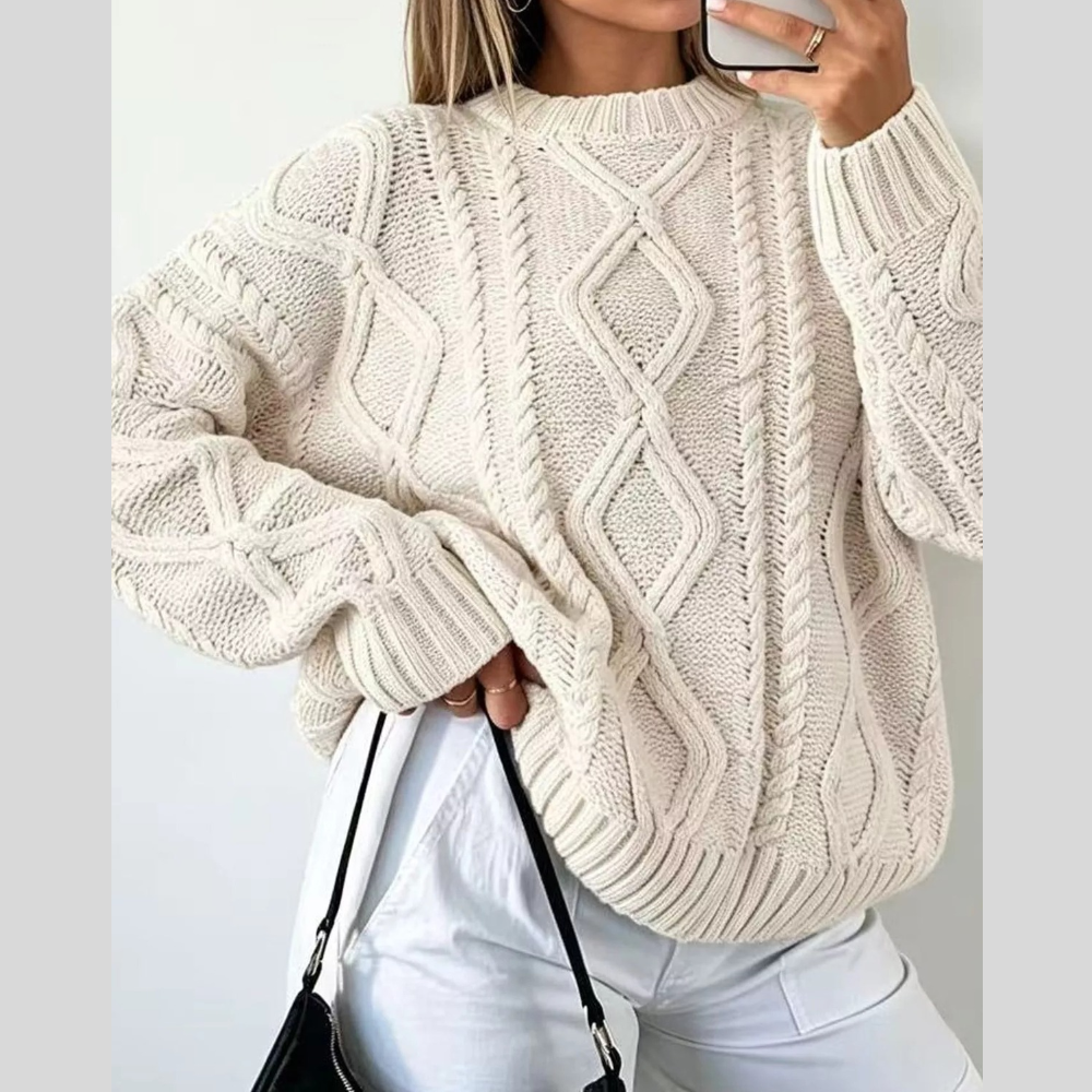 Full Size Casual Cable-Knit Round Neck Sweater Plus Size