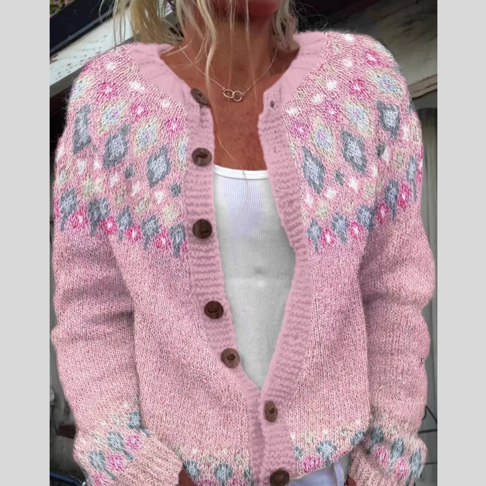 Full Size Fair Isle Patterned Pink Knit Cardigan Plus Size